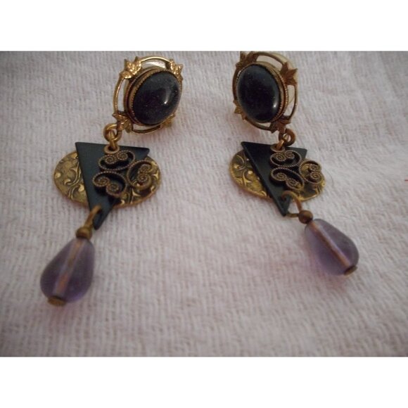 Vintage Estate Costume dangle Earrings purple gold - Picture 2 of 2